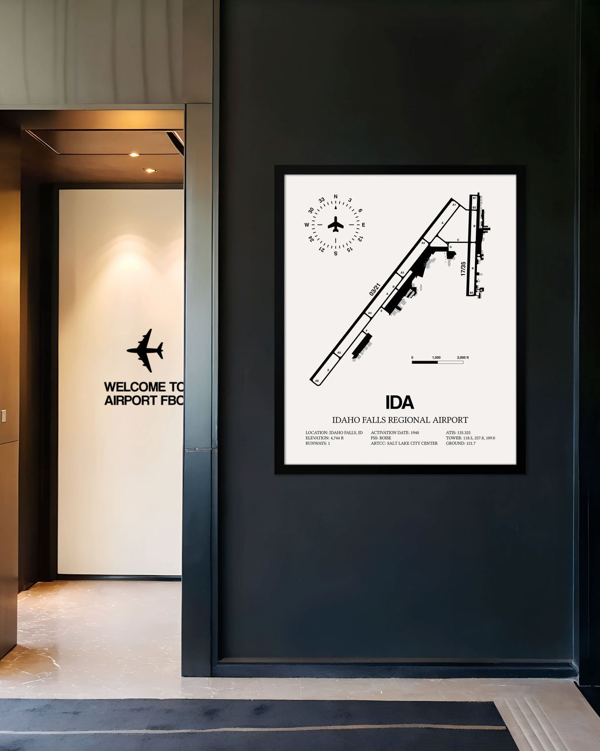 Framed Detailed Airport Map of Idaho Falls Regional Airport (IDA) in White with a Black Frame