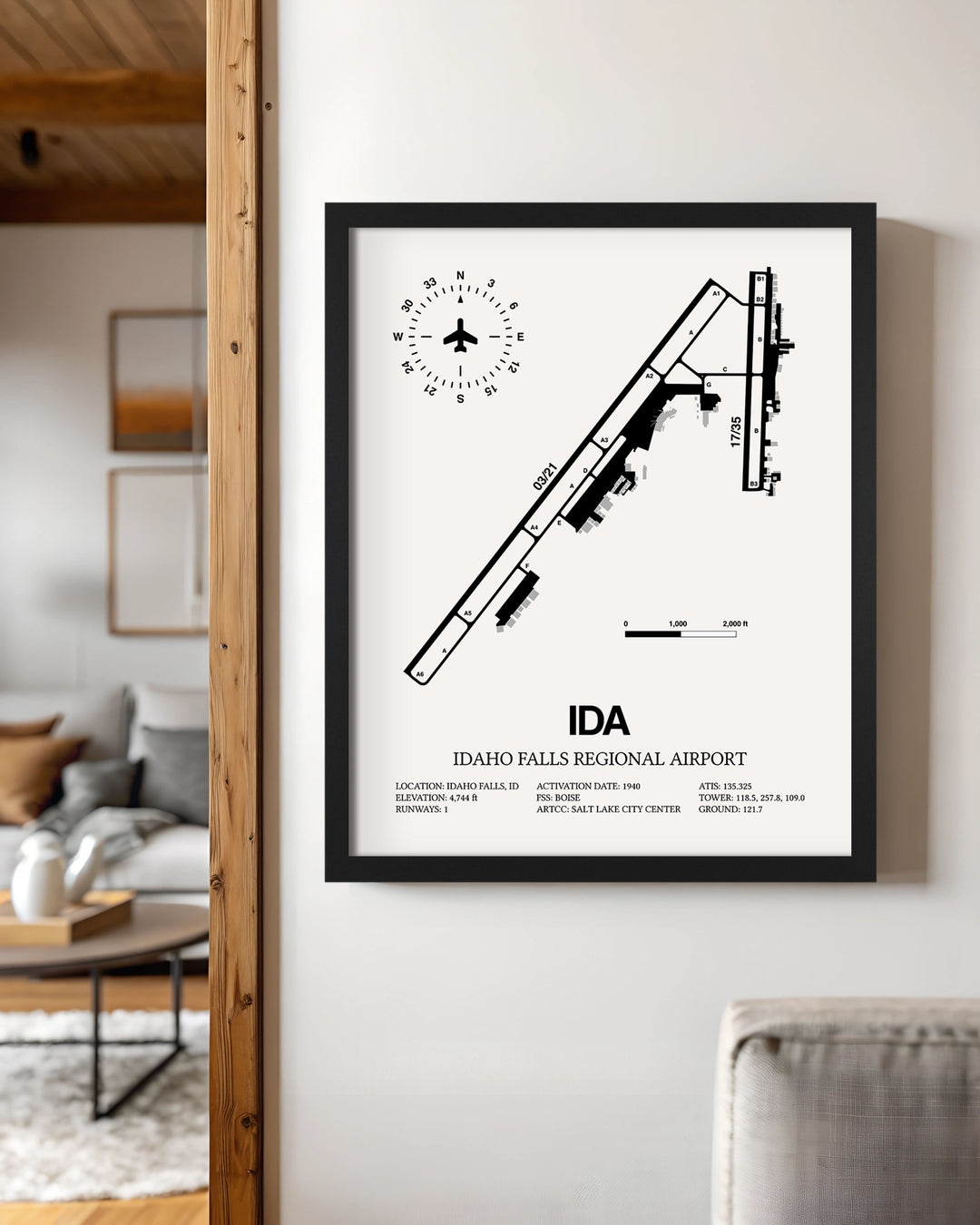 Framed Detailed Airport Map of Idaho Falls Regional Airport (IDA) in White with a Black Frame
