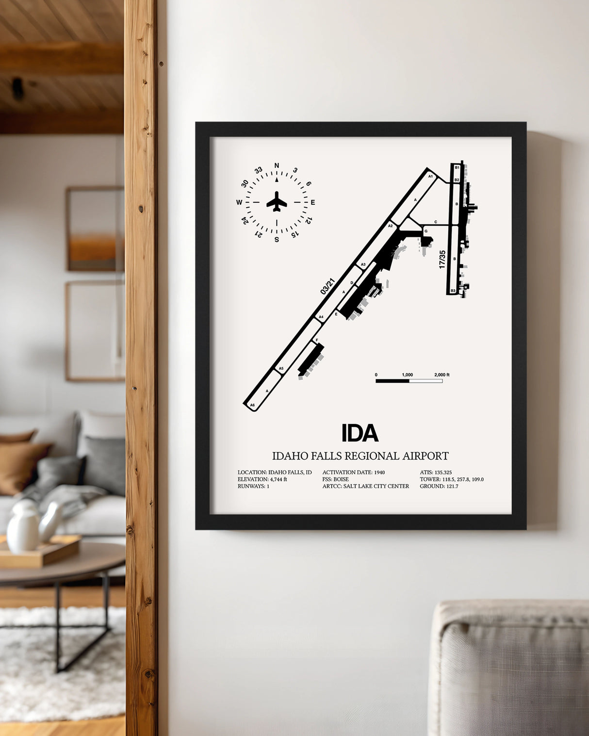 Framed Detailed Airport Map of Idaho Falls Regional Airport (IDA) in White with a Black Frame