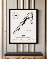 Framed Detailed Airport Map of Idaho Falls Regional Airport (IDA) in White with a Black Frame