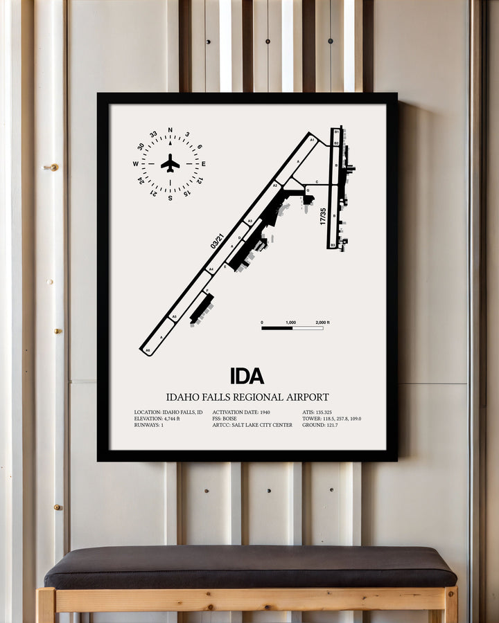 Framed Detailed Airport Map of Idaho Falls Regional Airport (IDA) in White with a Black Frame