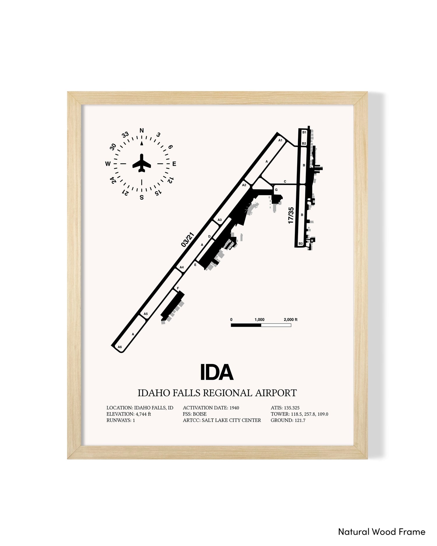 Detailed Airport Map of Idaho Falls Regional Airport (IDA) in White with a Natural Frame