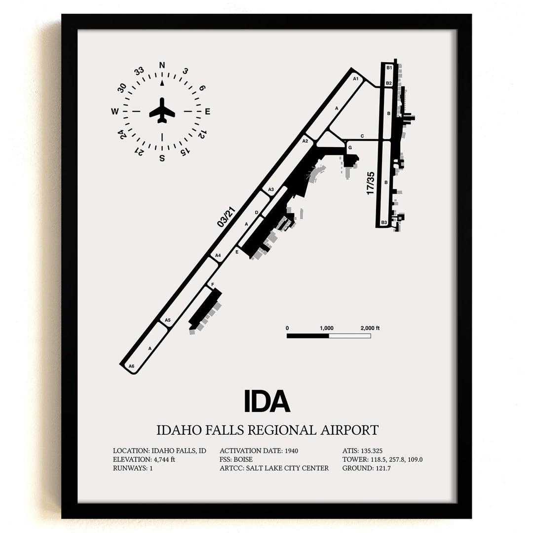 Framed Detailed Airport Map of Idaho Falls Regional Airport (IDA) in White with a Black Frame