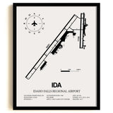 Framed Detailed Airport Map of Idaho Falls Regional Airport (IDA) in White with a Black Frame