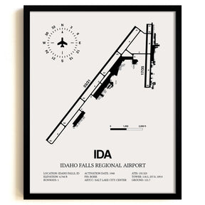 Framed Detailed Airport Map of Idaho Falls Regional Airport (IDA) in White with a Black Frame