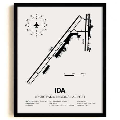 Framed Detailed Airport Map of Idaho Falls Regional Airport (IDA) in White with a Black Frame