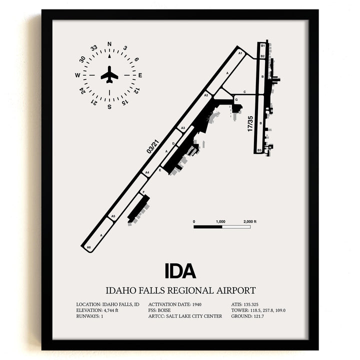 Framed Detailed Airport Map of Idaho Falls Regional Airport (IDA) in White with a Black Frame