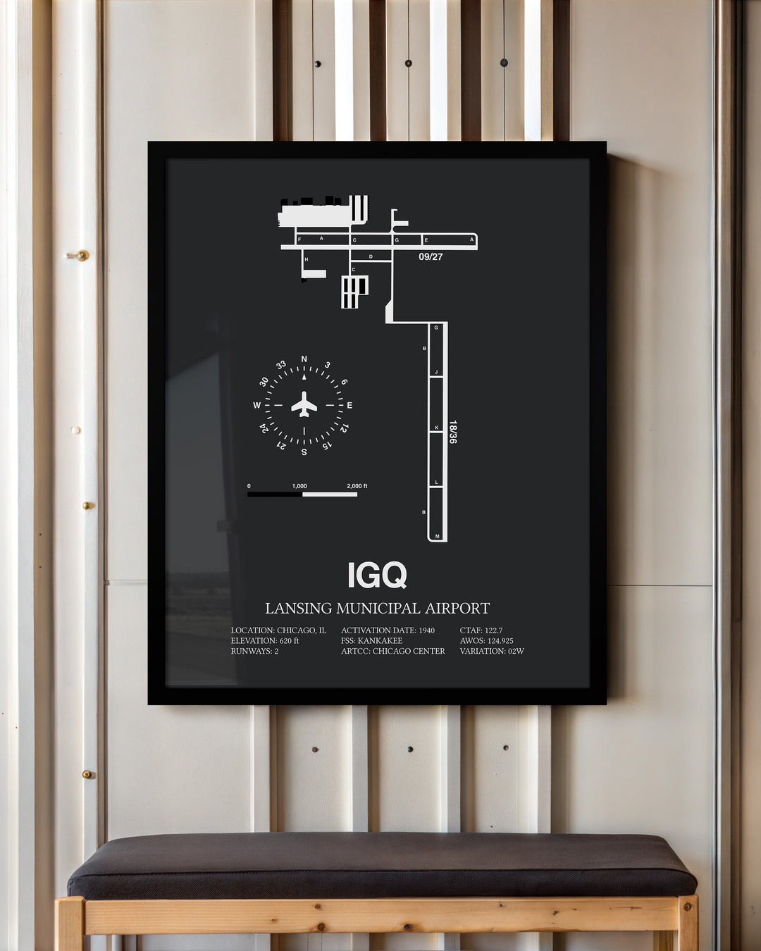 Framed Detailed Airport Map of Lansing Municipal Airport (IGQ) in Gray with a Black Frame