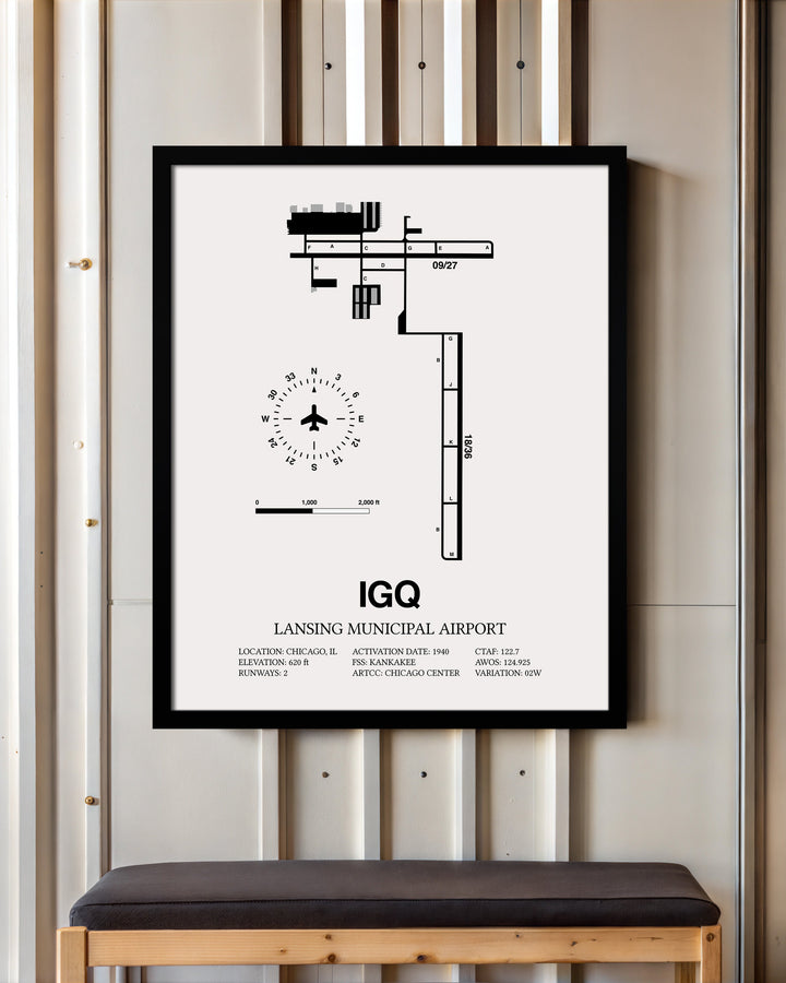 Framed Detailed Airport Map of Lansing Municipal Airport (IGQ) in White with a Black Frame