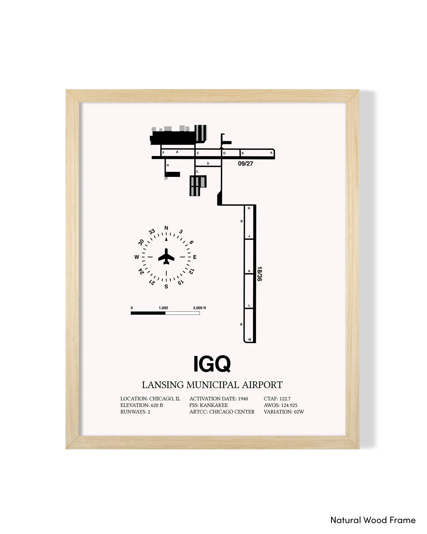 Detailed Airport Map of Lansing Municipal Airport (IGQ) in White with a Natural Frame