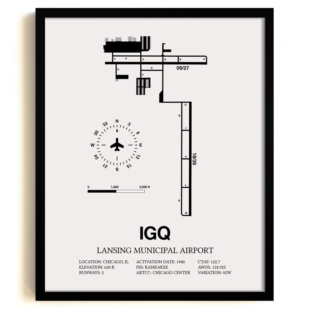 Framed Detailed Airport Map of Lansing Municipal Airport (IGQ) in White with a Black Frame