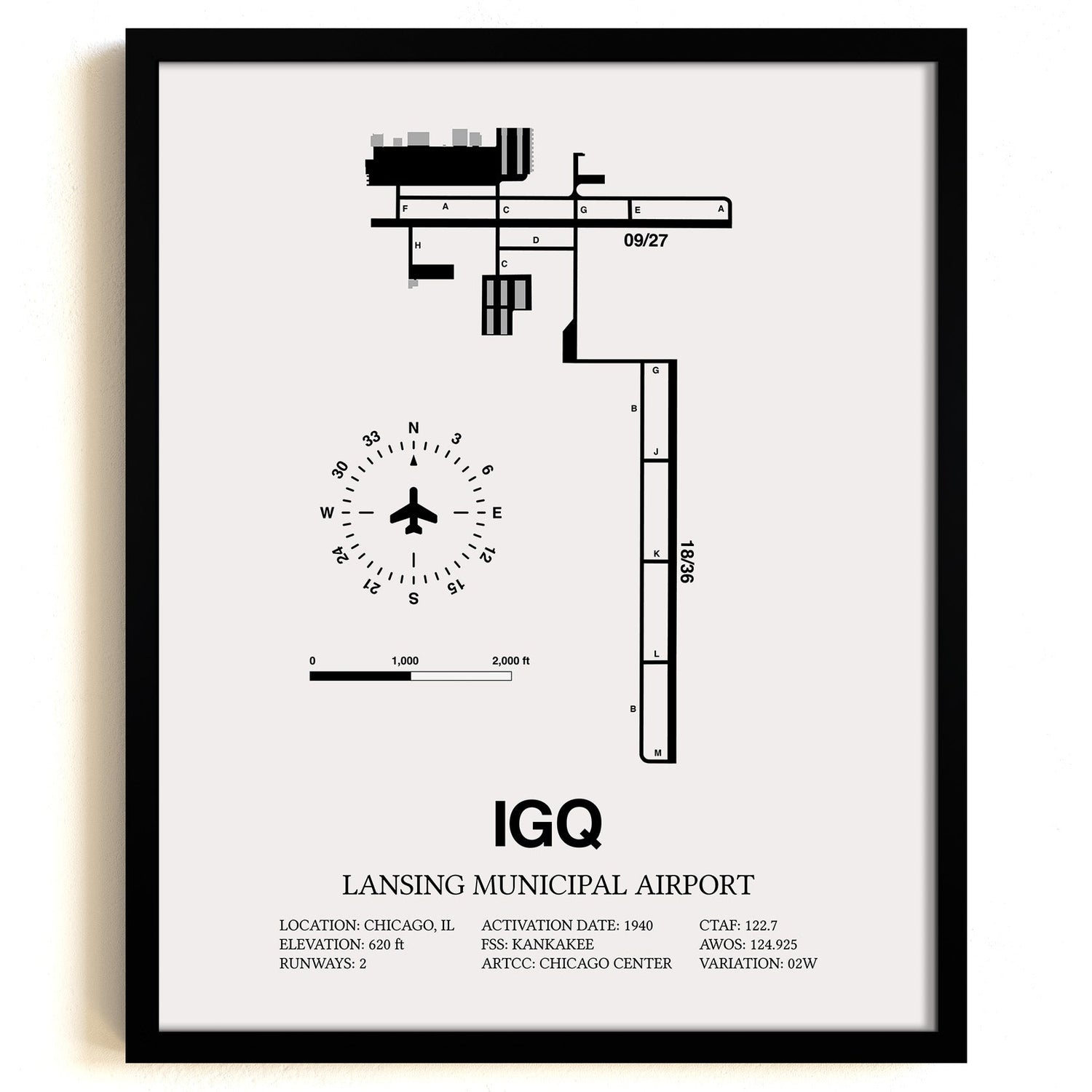 Framed Detailed Airport Map of Lansing Municipal Airport (IGQ) in White with a Black Frame