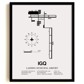 Framed Detailed Airport Map of Lansing Municipal Airport (IGQ) in White with a Black Frame