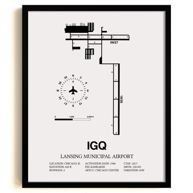 Framed Detailed Airport Map of Lansing Municipal Airport (IGQ) in White with a Black Frame