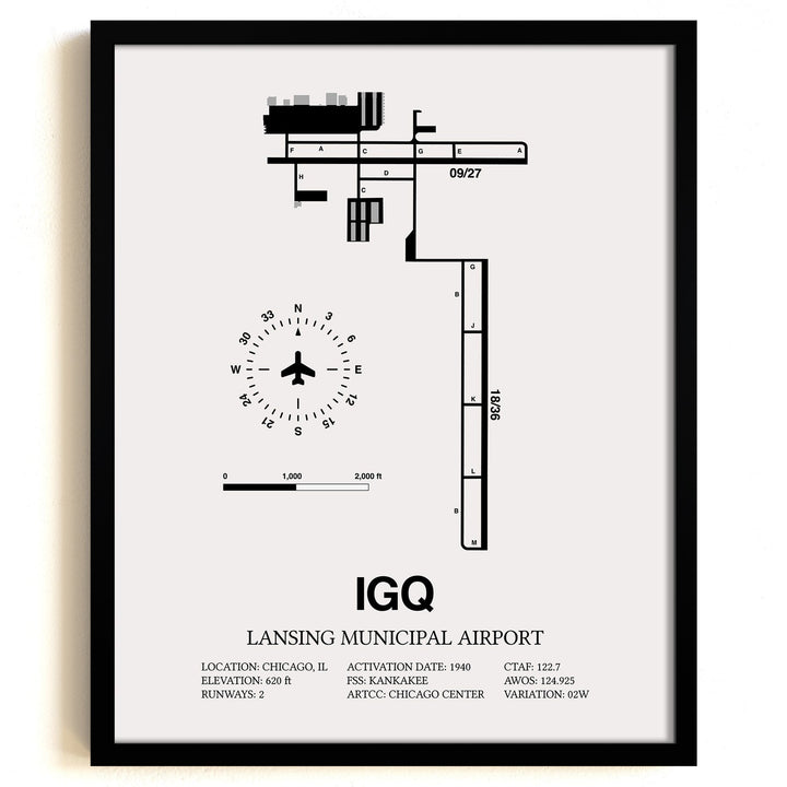 Framed Detailed Airport Map of Lansing Municipal Airport (IGQ) in White with a Black Frame