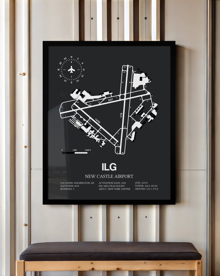 Framed Detailed Airport Map of New Castle Airport (ILG) in Gray with a Black Frame