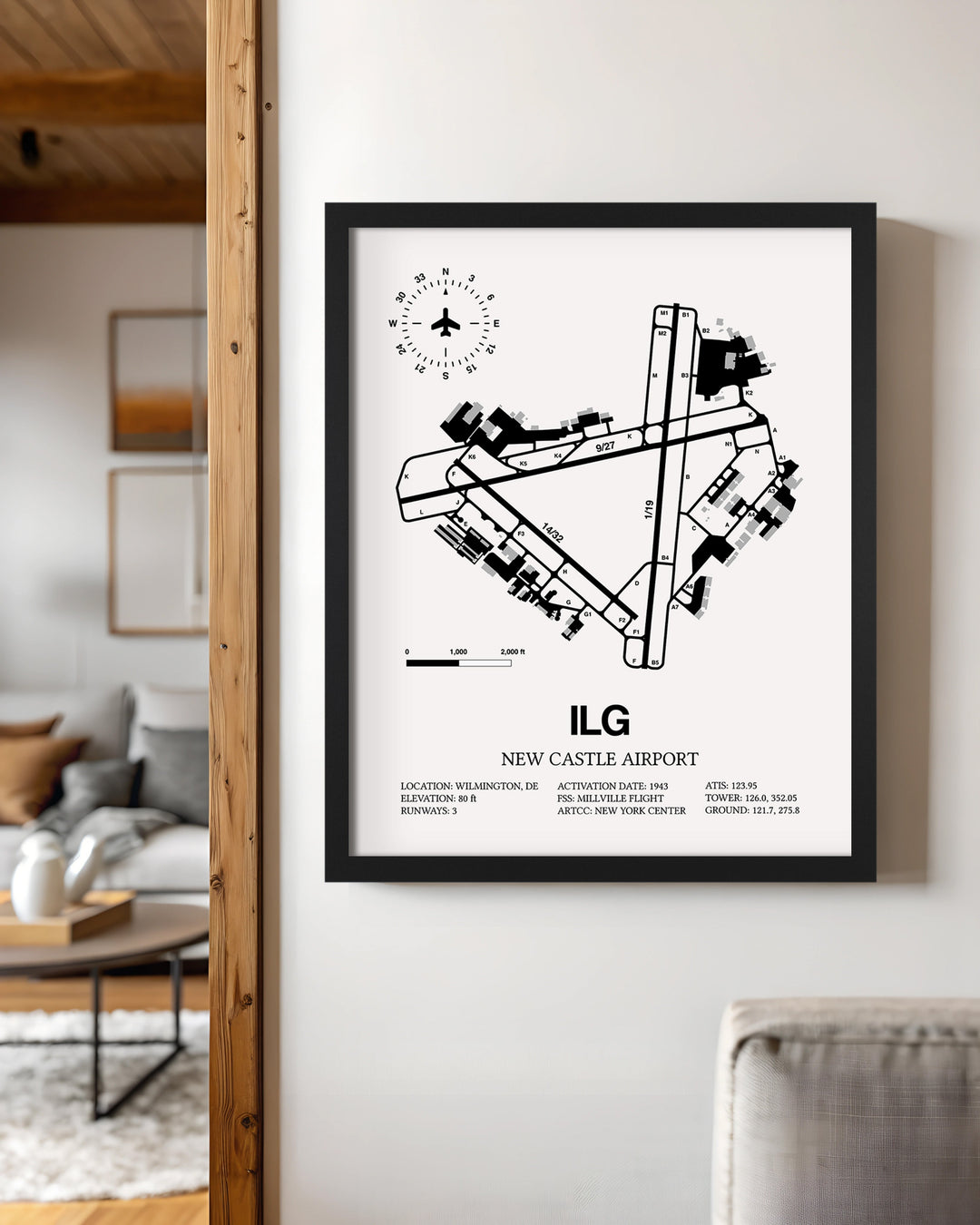 Framed Detailed Airport Map of New Castle Airport (ILG) in White with a Black Frame