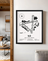 Framed Detailed Airport Map of New Castle Airport (ILG) in White with a Black Frame