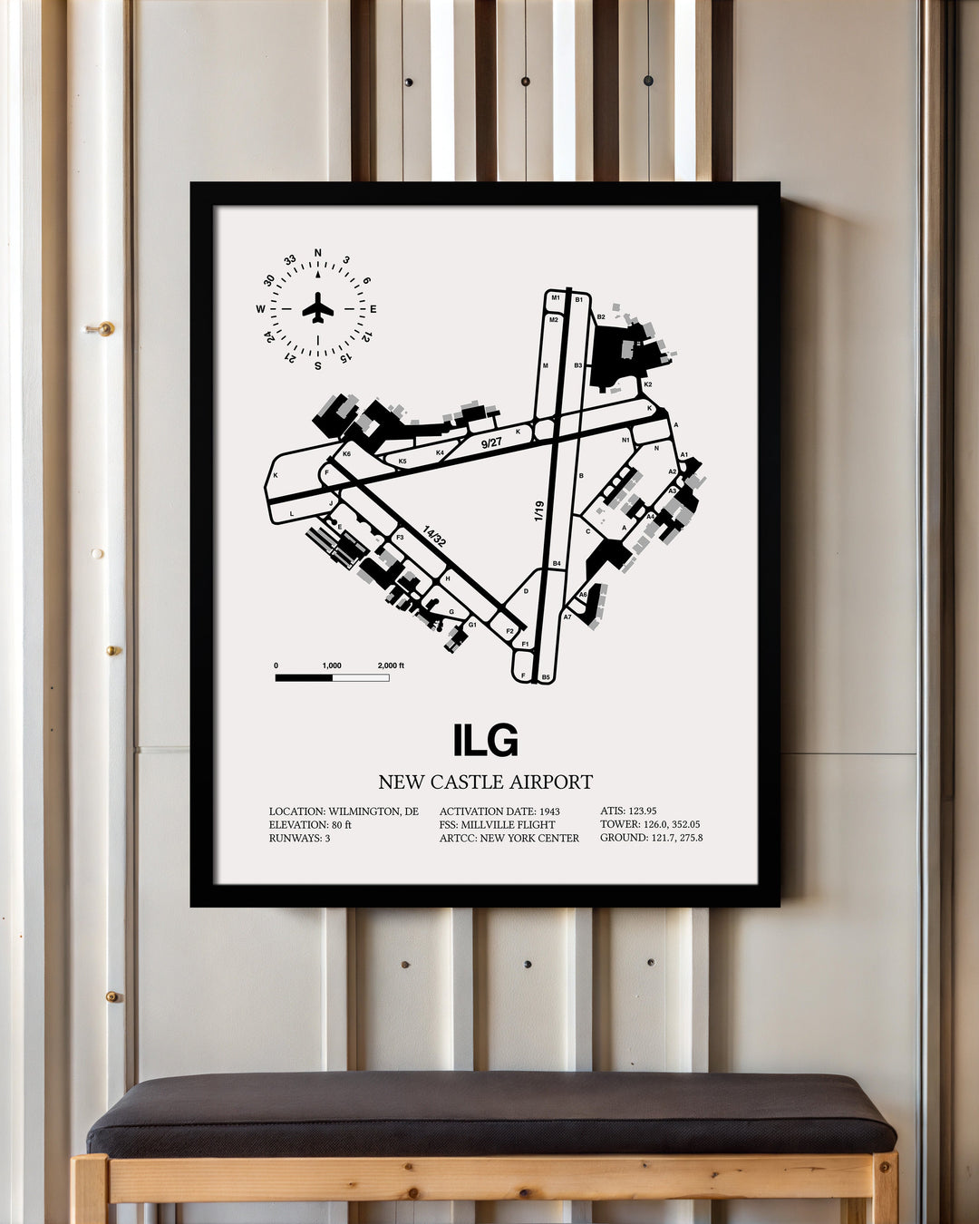 Framed Detailed Airport Map of New Castle Airport (ILG) in White with a Black Frame