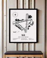 Framed Detailed Airport Map of New Castle Airport (ILG) in White with a Black Frame