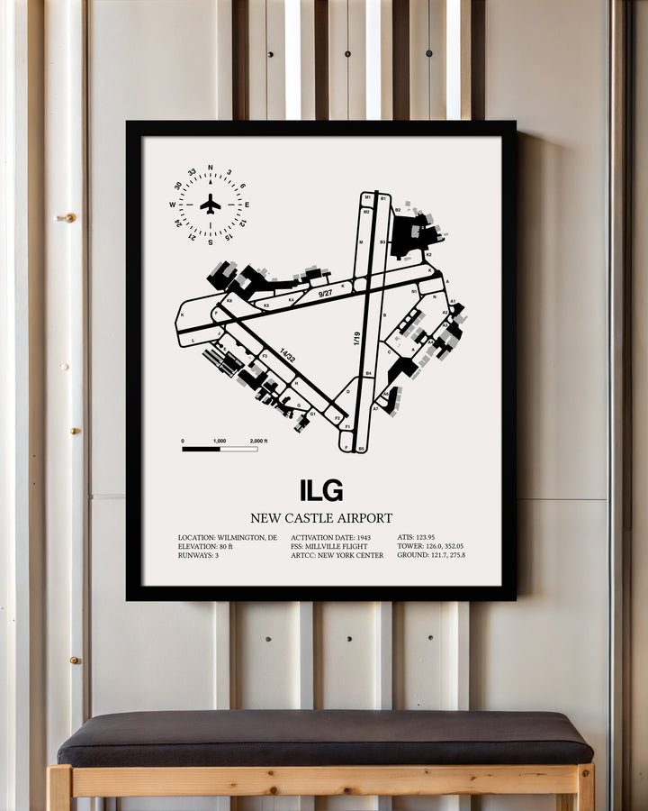 Framed Detailed Airport Map of New Castle Airport (ILG) in White with a Black Frame