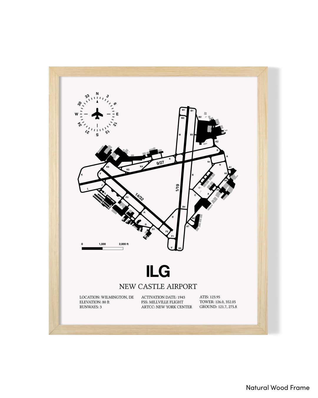Detailed Airport Map of New Castle Airport (ILG) in White with a Natural Frame