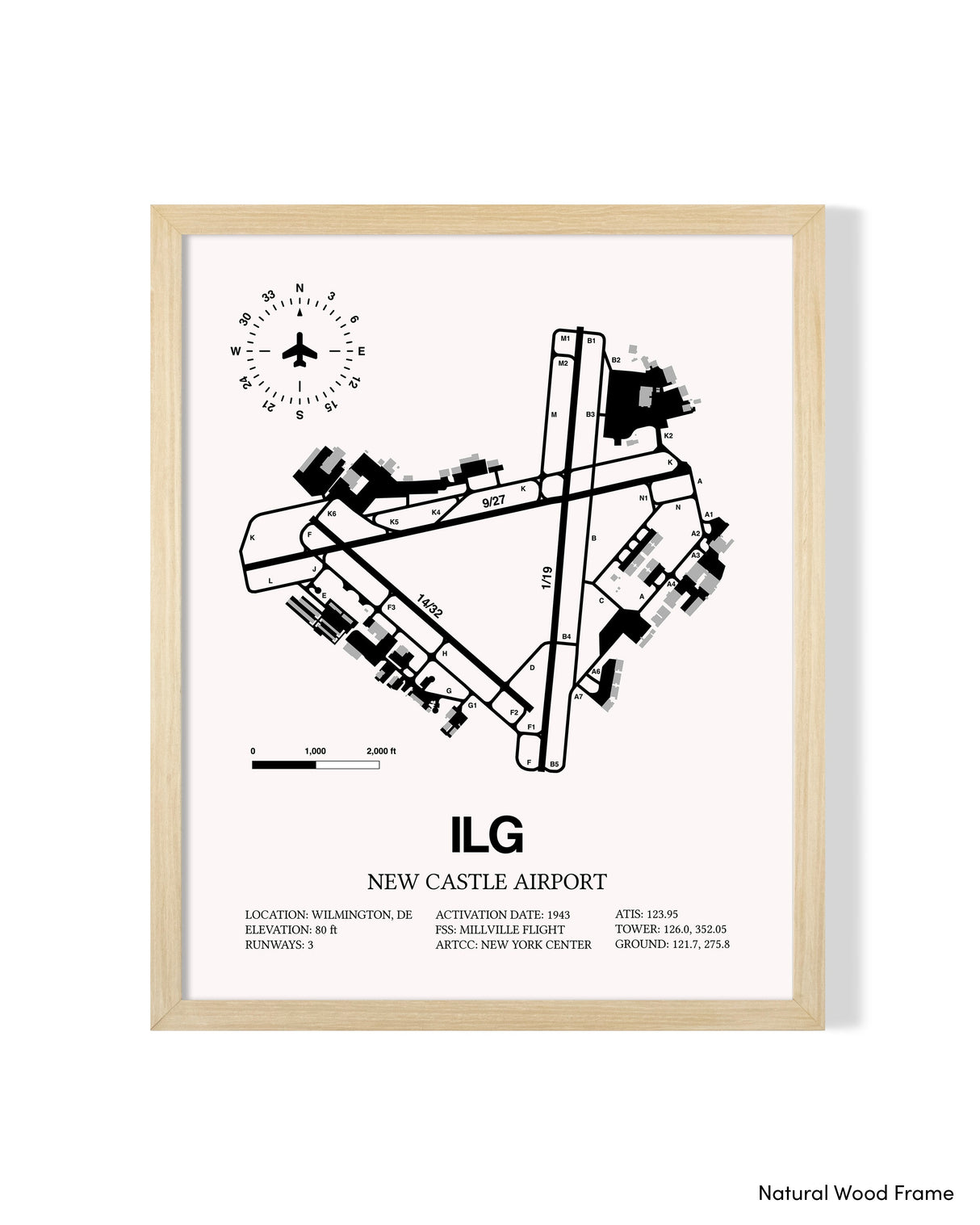 Detailed Airport Map of New Castle Airport (ILG) in White with a Natural Frame