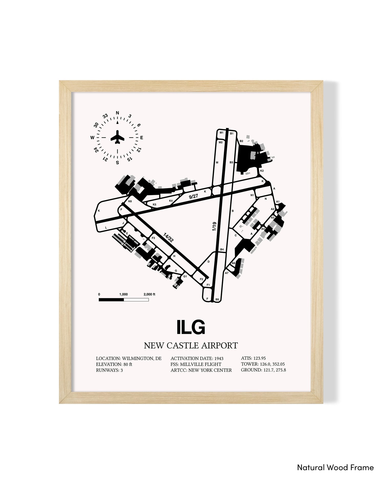 Detailed Airport Map of New Castle Airport (ILG) in White with a Natural Frame