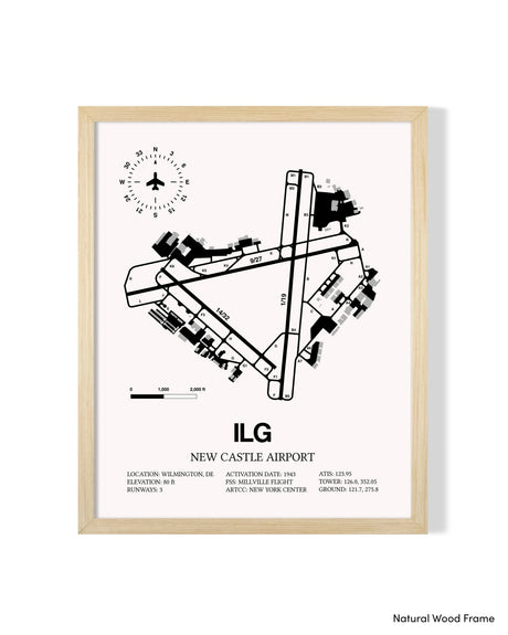 Detailed Airport Map of New Castle Airport (ILG) in White with a Natural Frame