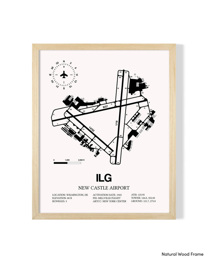 Detailed Airport Map of New Castle Airport (ILG) in White with a Natural Frame