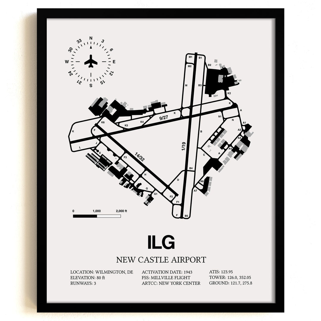 Framed Detailed Airport Map of New Castle Airport (ILG) in White with a Black Frame