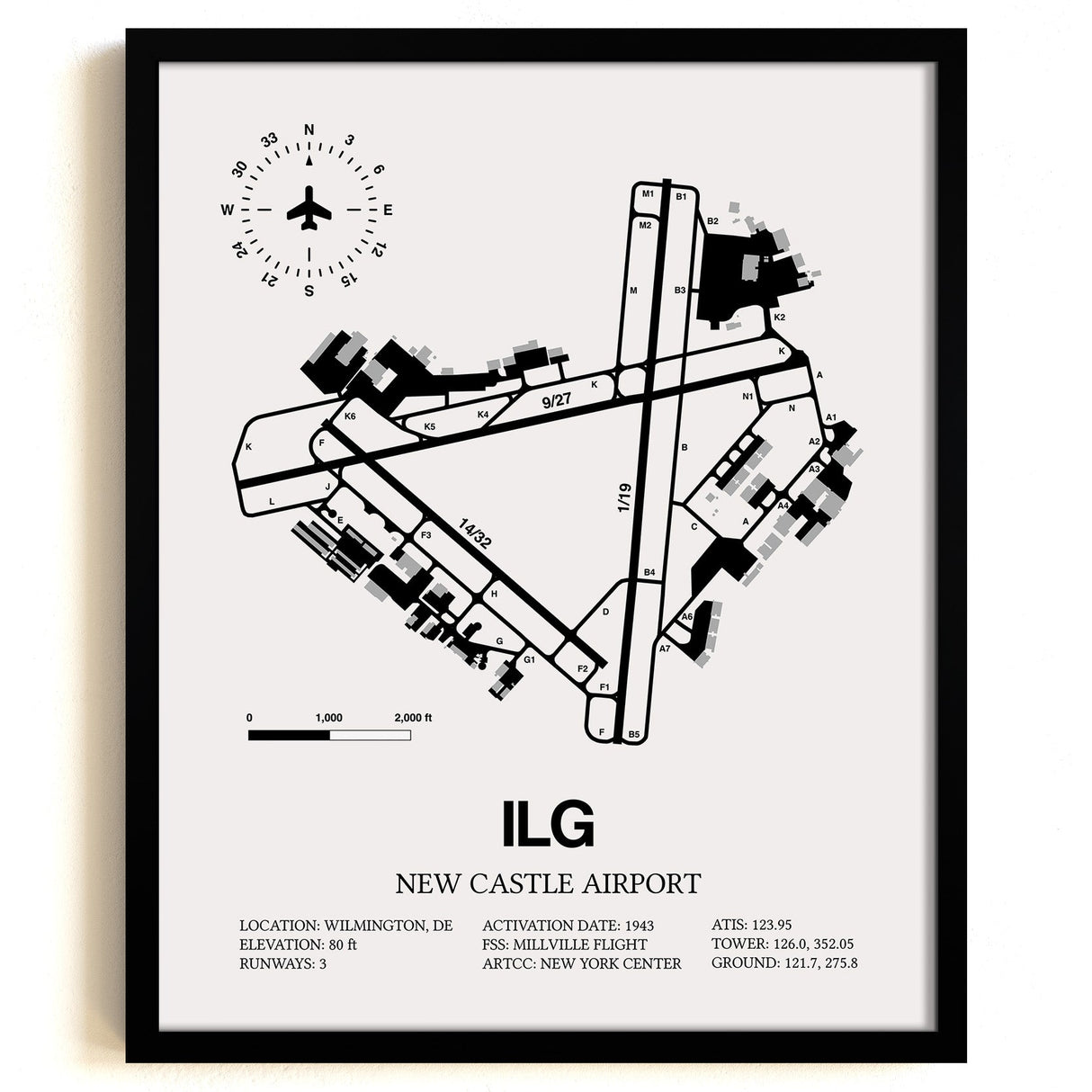 Framed Detailed Airport Map of New Castle Airport (ILG) in White with a Black Frame