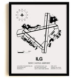 Framed Detailed Airport Map of New Castle Airport (ILG) in White with a Black Frame