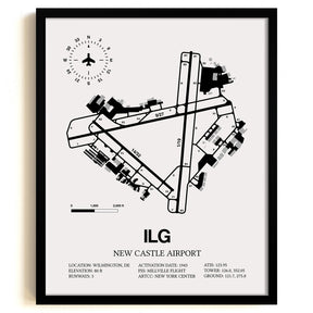 Framed Detailed Airport Map of New Castle Airport (ILG) in White with a Black Frame