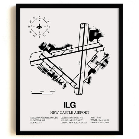 Framed Detailed Airport Map of New Castle Airport (ILG) in White with a Black Frame