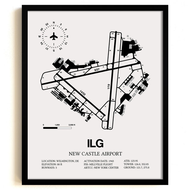 Framed Detailed Airport Map of New Castle Airport (ILG) in White with a Black Frame