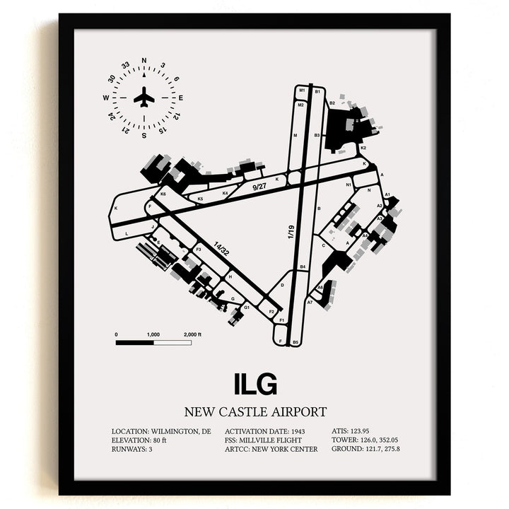 Framed Detailed Airport Map of New Castle Airport (ILG) in White with a Black Frame