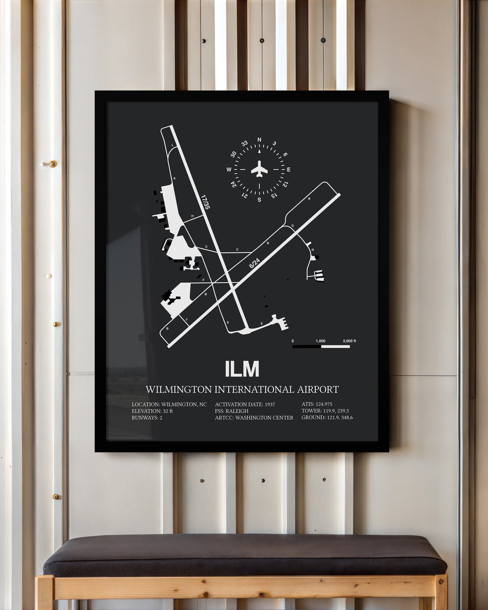 Framed Detailed Airport Map of Wilmington International Airport (ILM) in Gray with a Black Frame