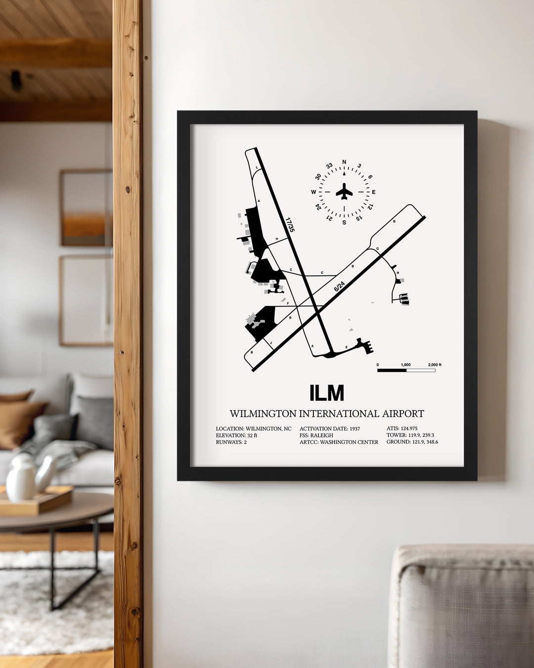 Framed Detailed Airport Map of Wilmington International Airport (ILM) in White with a Black Frame