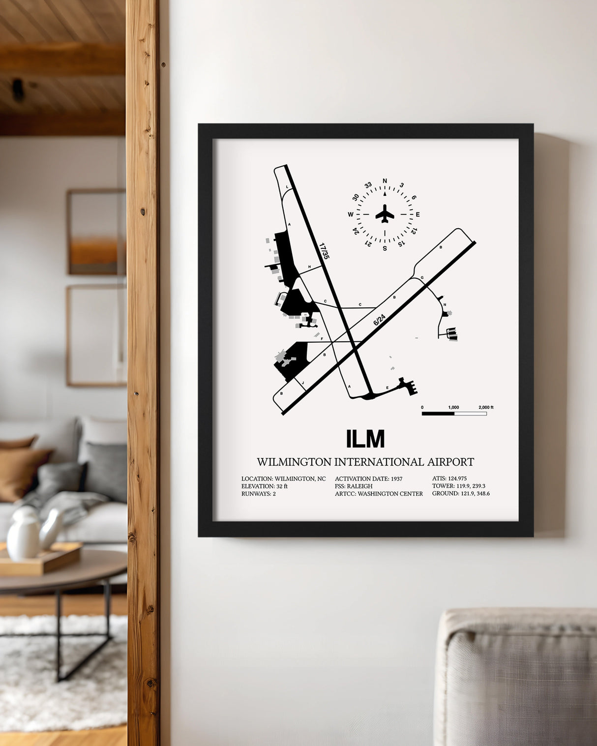 Framed Detailed Airport Map of Wilmington International Airport (ILM) in White with a Black Frame