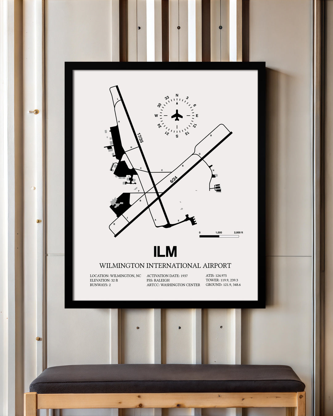Framed Detailed Airport Map of Wilmington International Airport (ILM) in White with a Black Frame