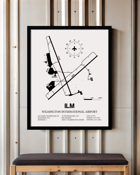 Framed Detailed Airport Map of Wilmington International Airport (ILM) in White with a Black Frame