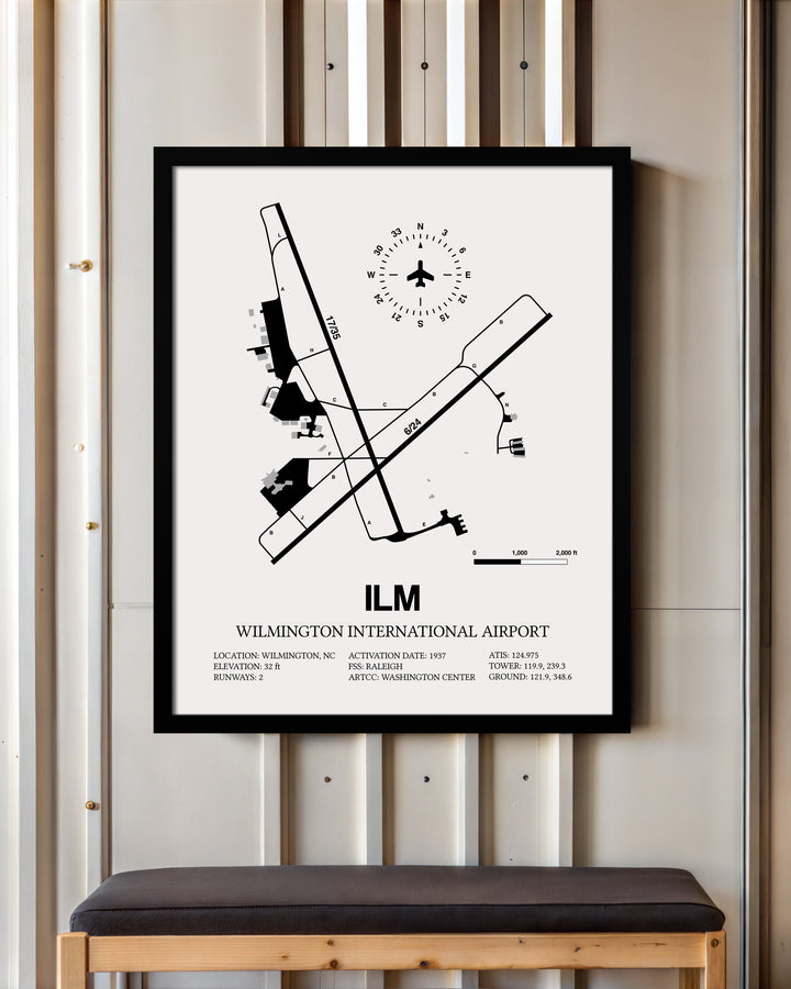 Framed Detailed Airport Map of Wilmington International Airport (ILM) in White with a Black Frame