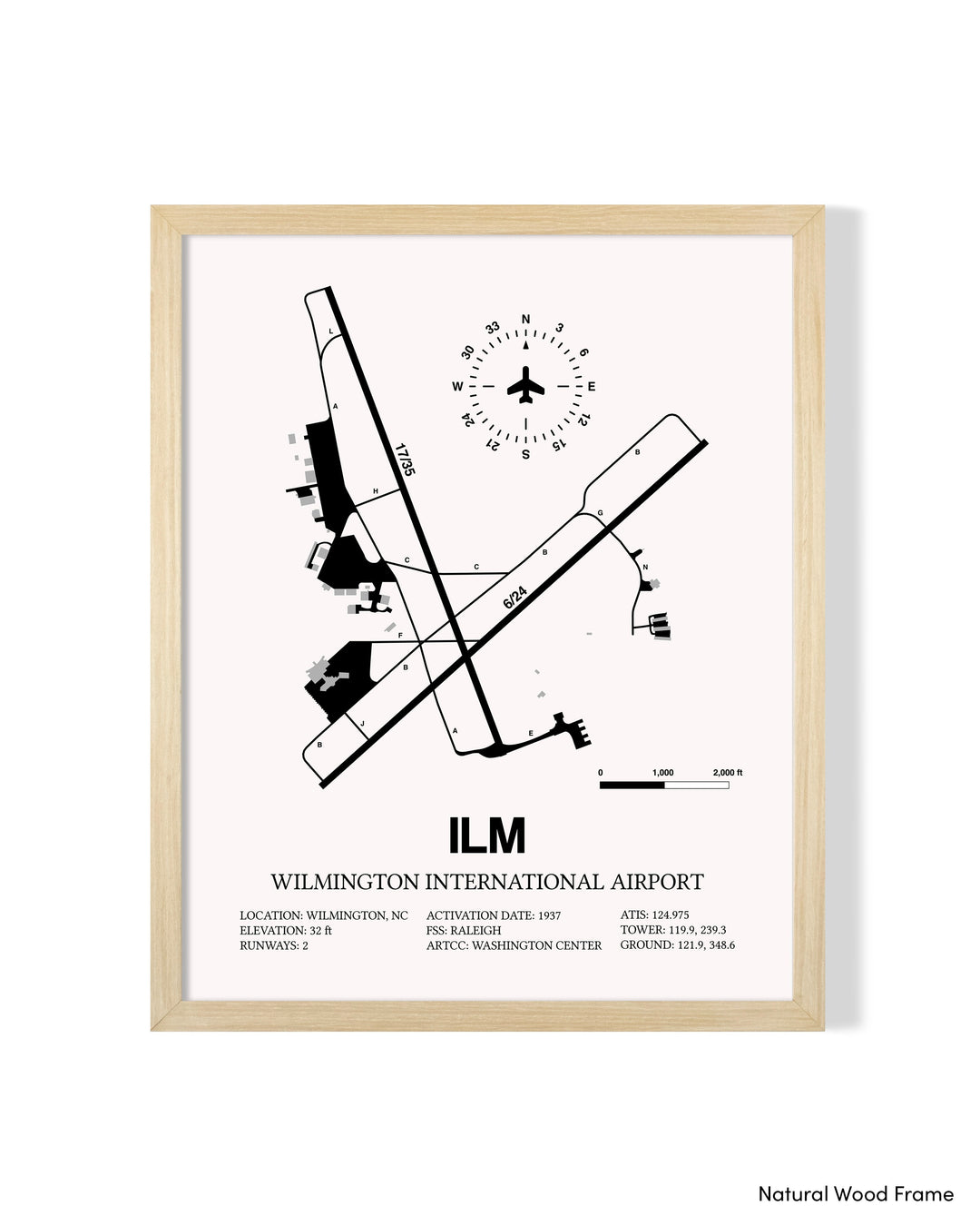 Detailed Airport Map of Wilmington International Airport (ILM) in White with a Natural Frame