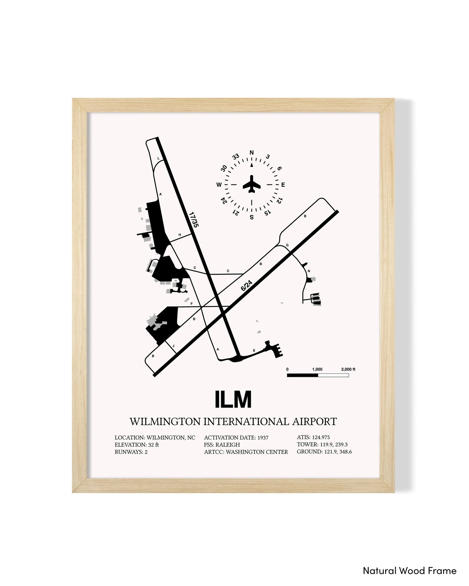 Detailed Airport Map of Wilmington International Airport (ILM) in White with a Natural Frame