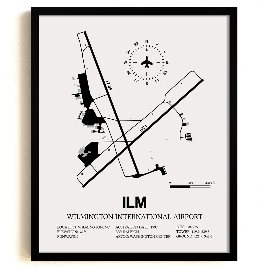 Framed Detailed Airport Map of Wilmington International Airport (ILM) in White with a Black Frame
