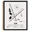 Framed Detailed Airport Map of Wilmington International Airport (ILM) in White with a Black Frame