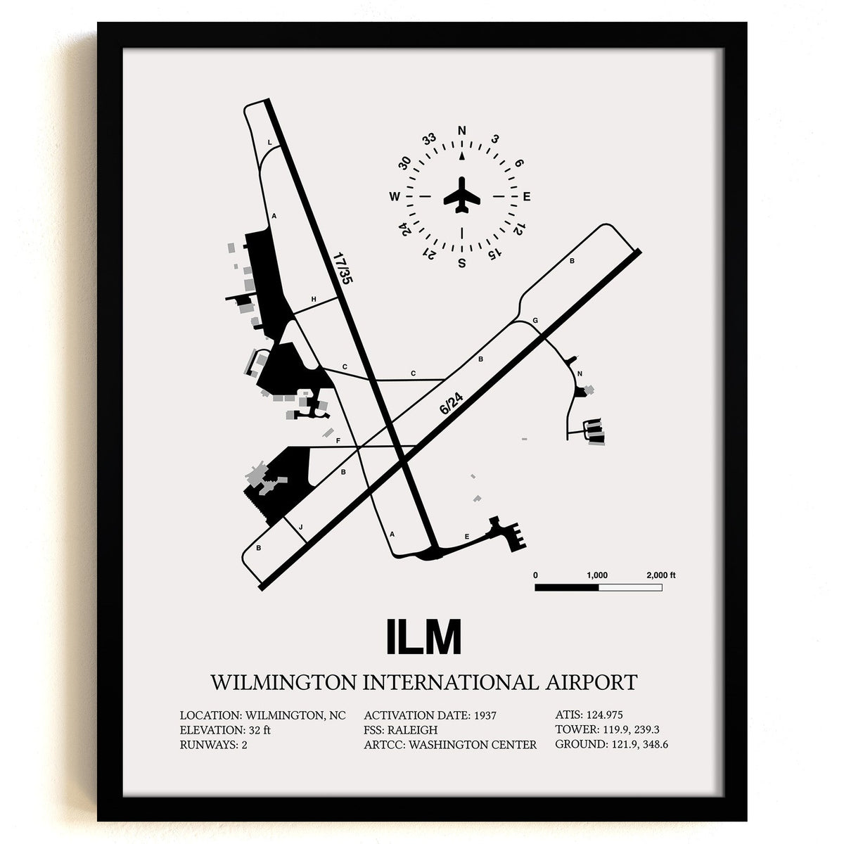 Framed Detailed Airport Map of Wilmington International Airport (ILM) in White with a Black Frame