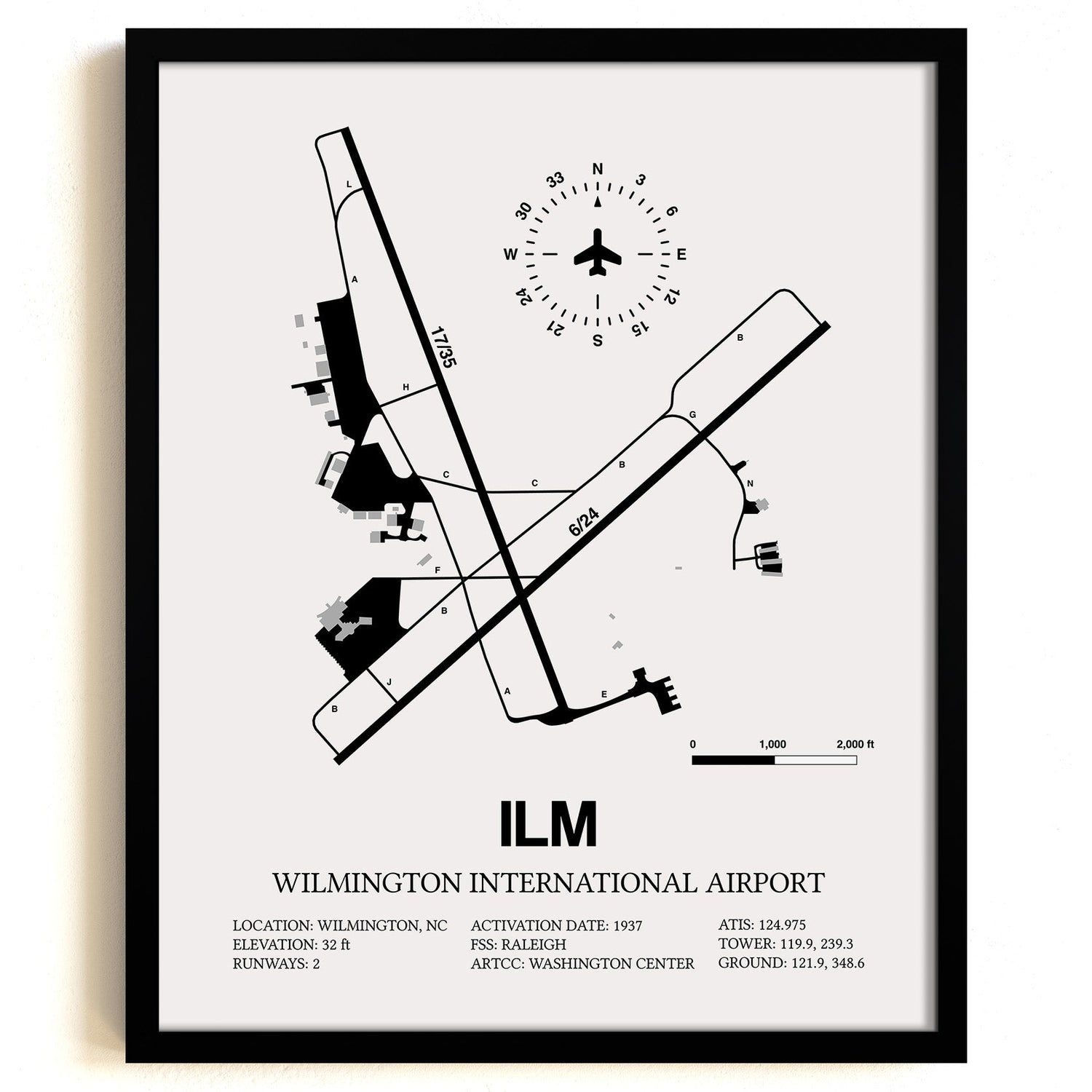Framed Detailed Airport Map of Wilmington International Airport (ILM) in White with a Black Frame