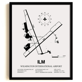 Framed Detailed Airport Map of Wilmington International Airport (ILM) in White with a Black Frame